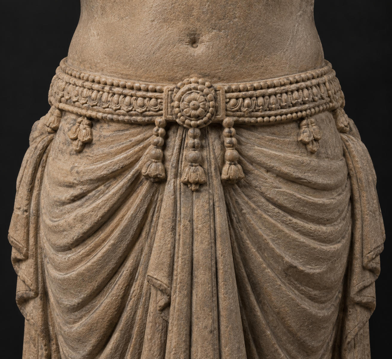 Stone sculpture detail showing the torso, an ornamental girdle around the waist and hips, and the gathered lower garment below it.
