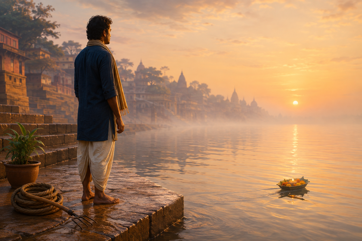 A person on sandstone river steps watches a flower-filled leaf boat drift away at sunrise, with a coiled rope and gardening tool nearby.