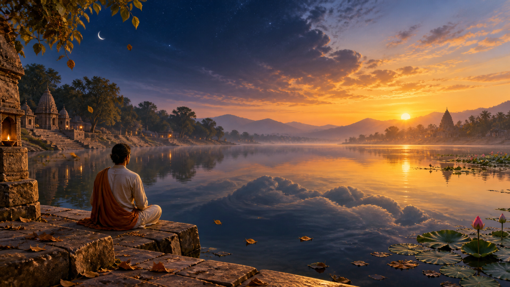 A seated practitioner faces a still river at dawn as fallen leaves drift on the water and closed lotus buds rise near the far bank.