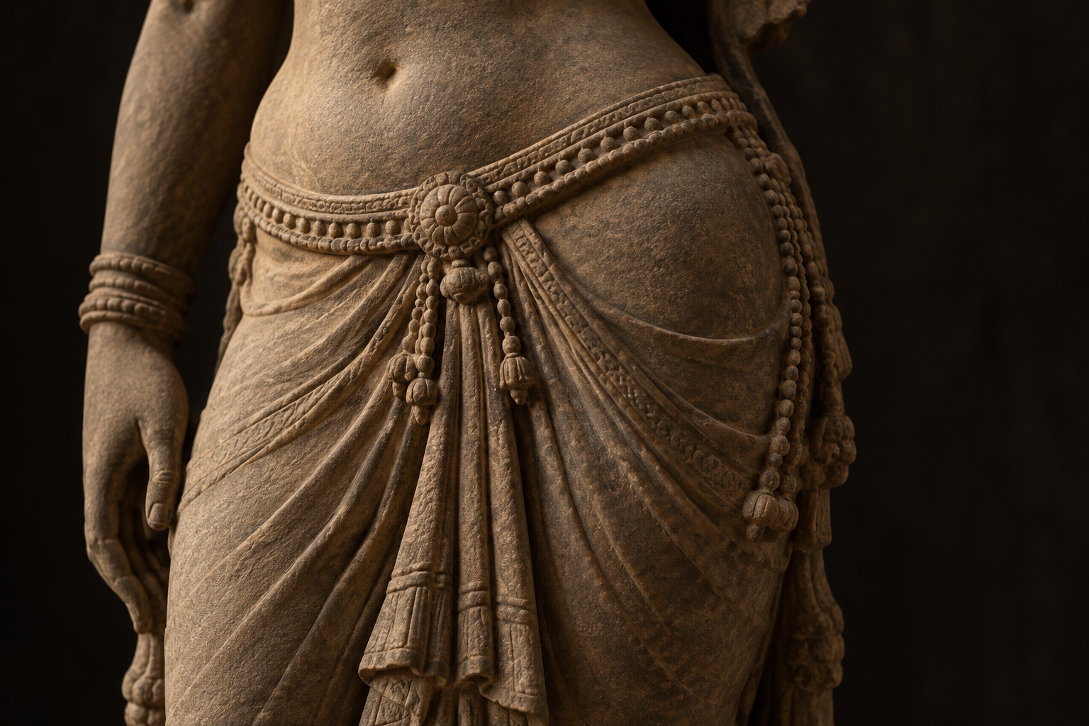 Three-quarter detail of a carved figure whose waist girdle follows the hips and gathers the folds of a lower garment beneath a central clasp.