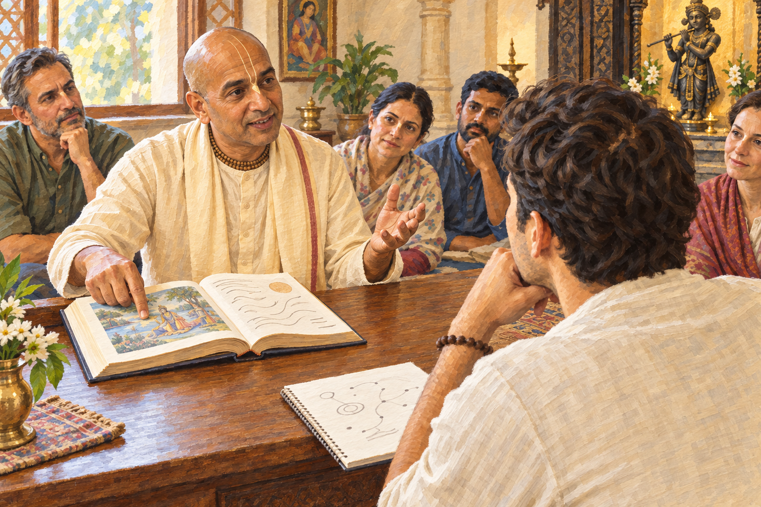 A student follows an open sacred volume and watches a teacher explain the passage with measured hand gestures.