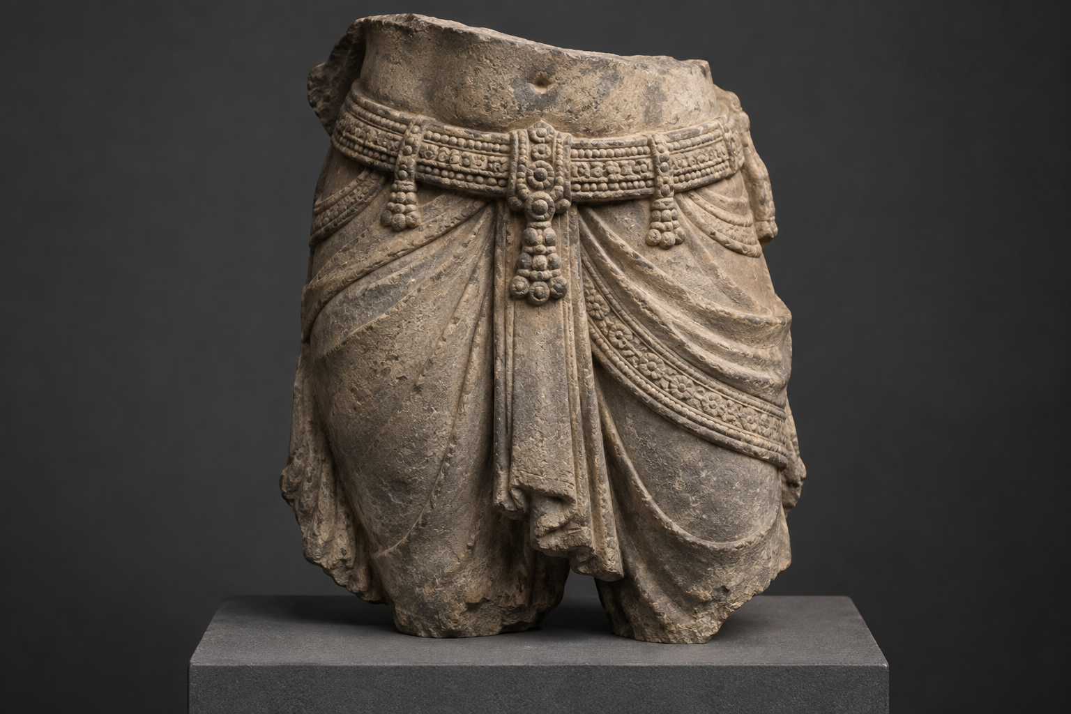 Waist-to-thigh stone sculpture fragment on a pedestal, with directional light emphasizing the girdle, its clasp, pendant elements, and the garment folds beneath it.