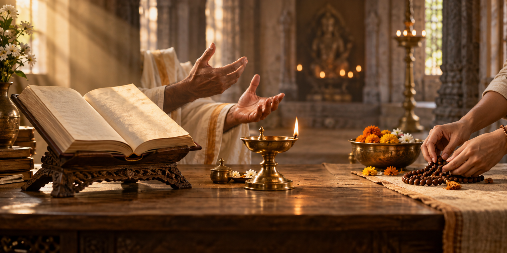 An open sacred volume, a lamp beside a teacher's gesturing hands, and prayer beads with flowers occupy three separate areas of a wooden table.