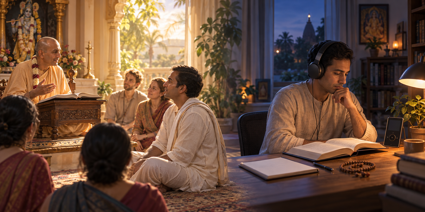 One listener attends a temple class in daylight while another studies a recorded lesson with headphones at a home desk in the evening.
