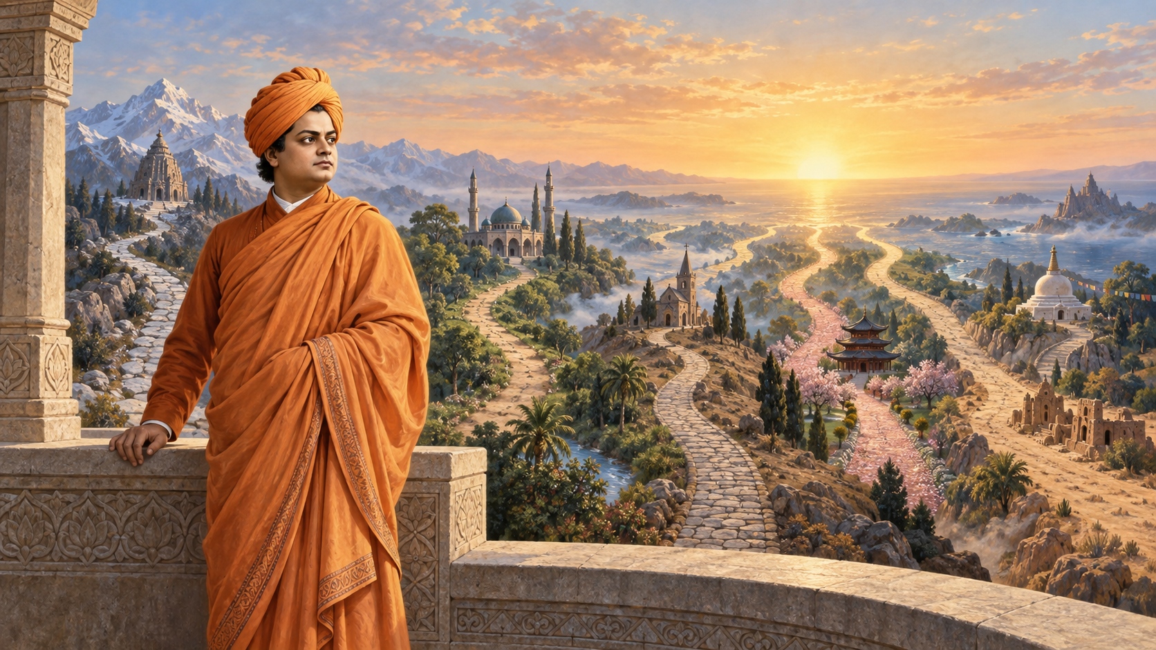 Swami Vivekananda stands on a stone terrace at dawn as several distinct paths lead through varied landscapes toward one golden horizon.