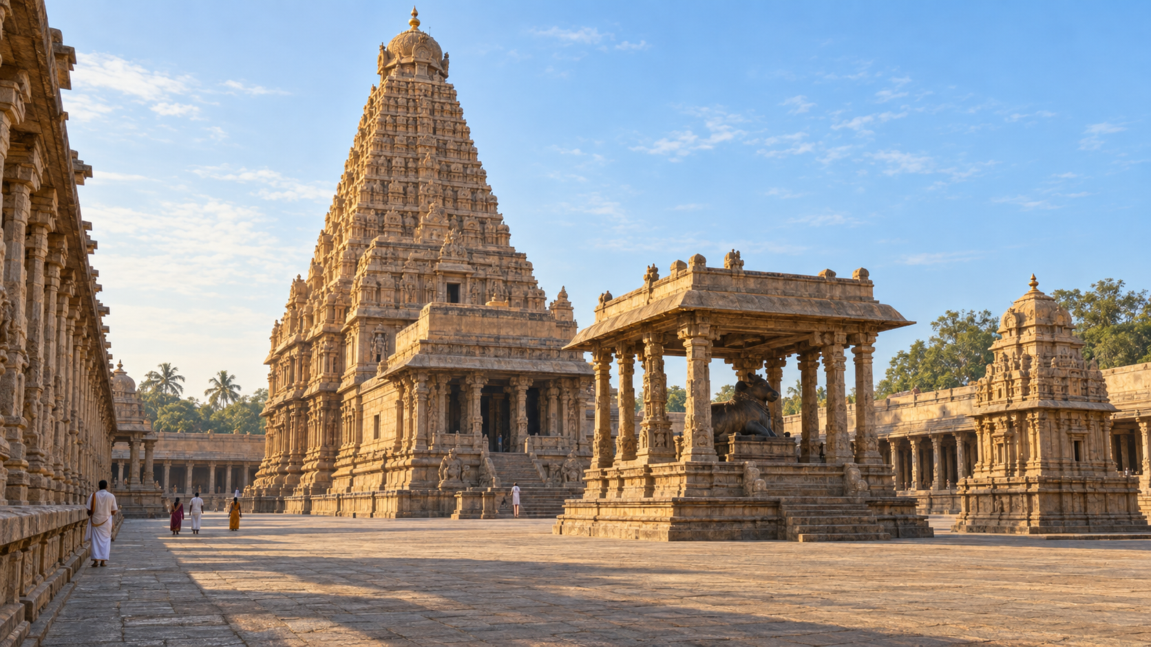 The tiered granite vimana of Brihadeeshwara Temple rises above its courtyard, Nandi pavilion, pillared structures, and a small group of worshippers in morning light.