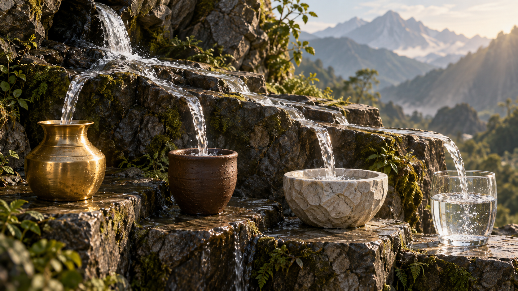 A single mountain spring fills several differently shaped vessels made of brass, clay, stone, and glass.