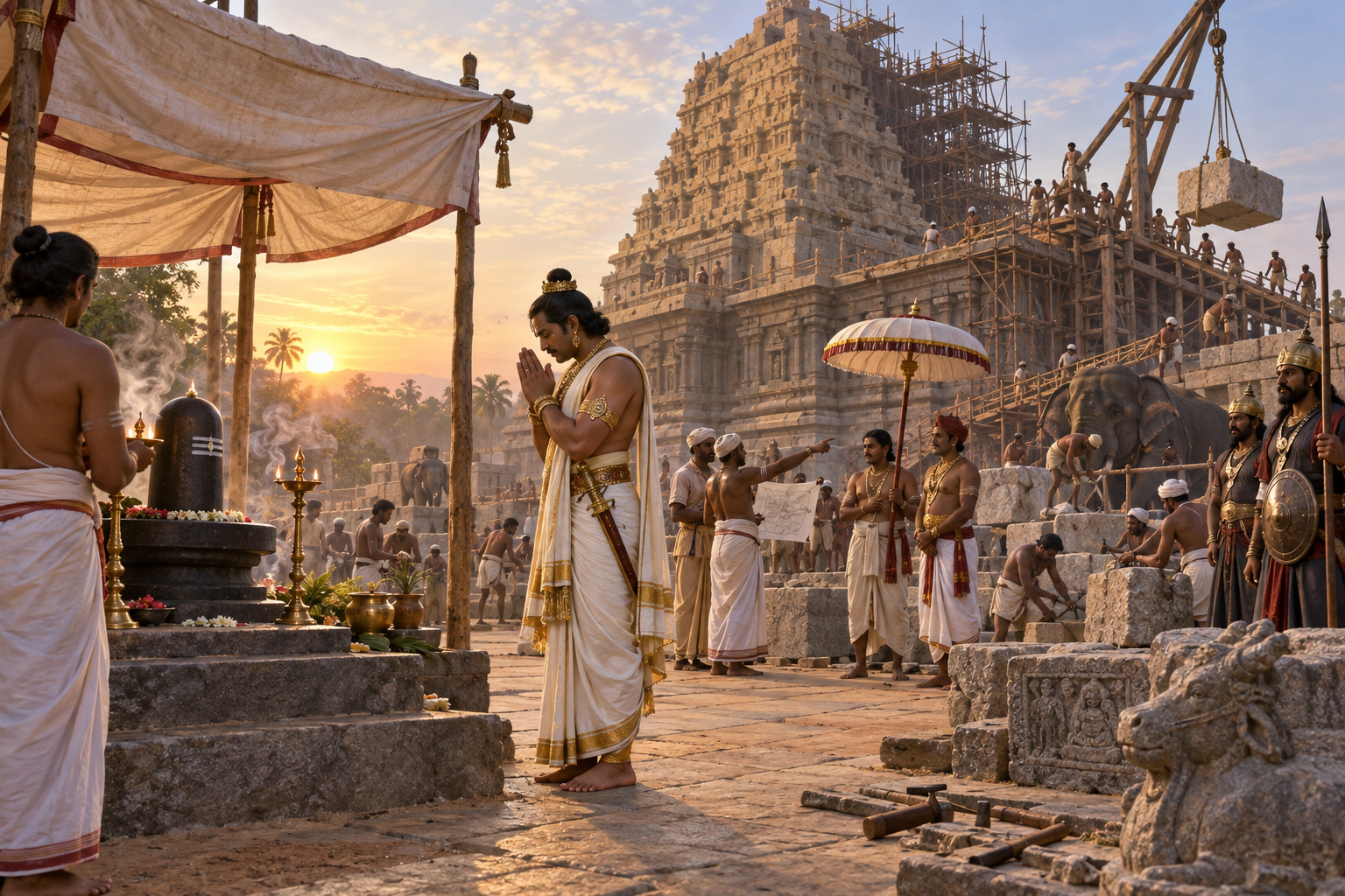 A Chola king prays before a Shiva linga while architects and stoneworkers labor beneath the partly completed temple tower.