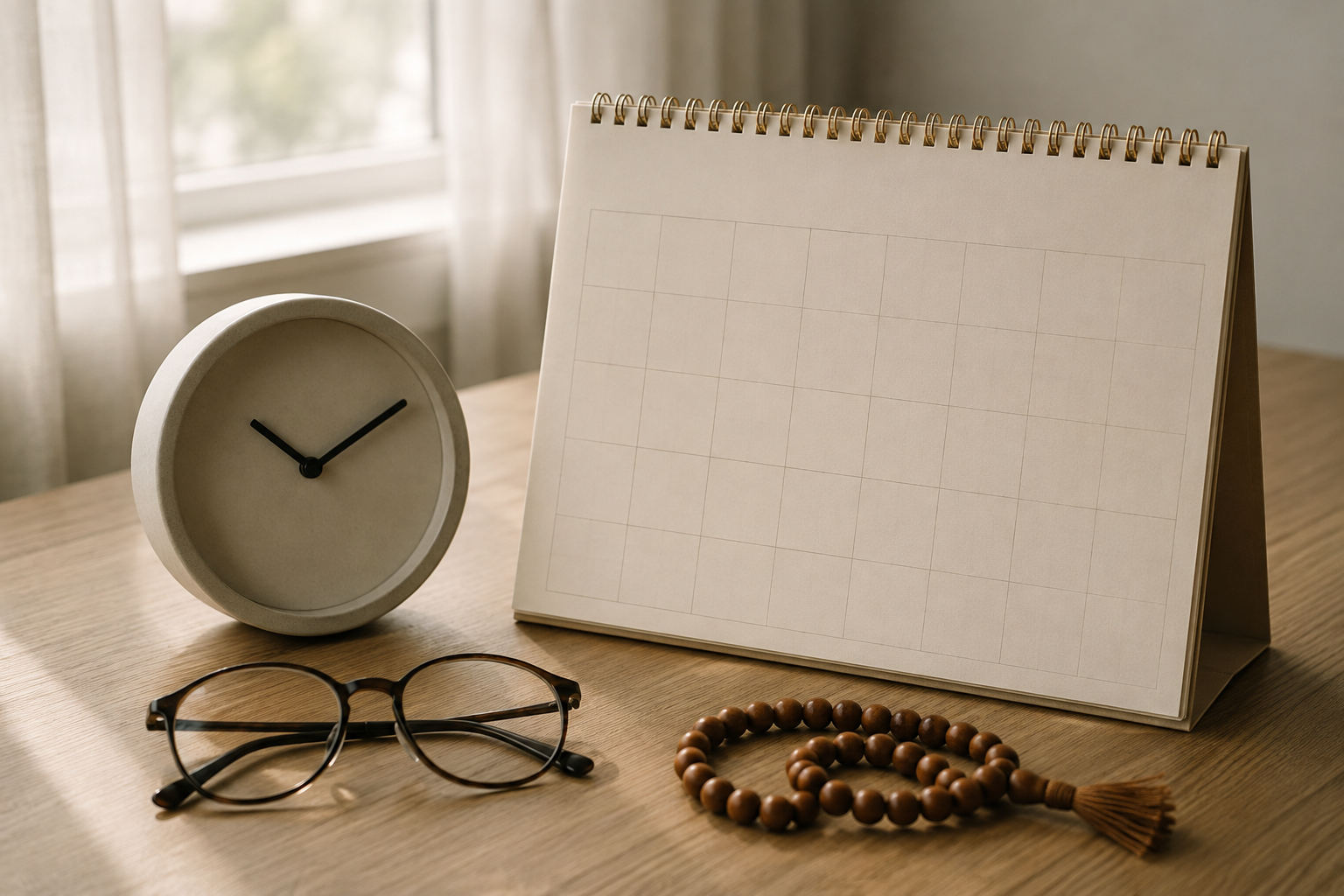 An unmarked calendar, an analog clock, reading glasses, and prayer beads arranged on a desk in soft morning light.