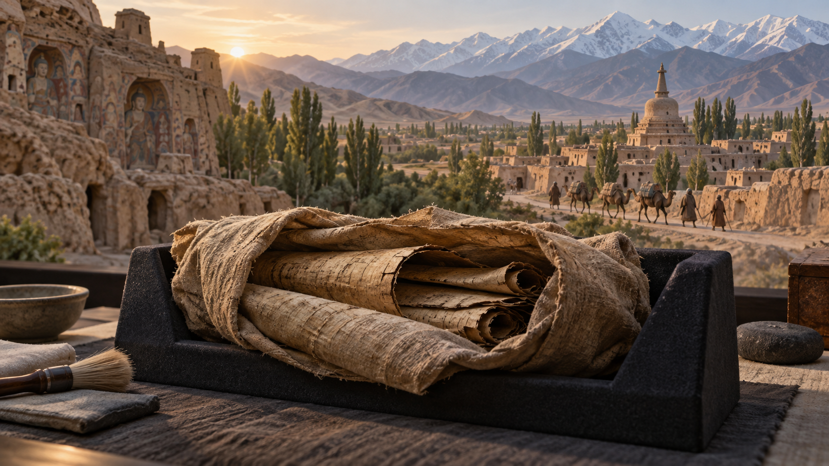 A cloth-wrapped bundle of curled birch-bark folios rests before a view of the ancient Kucha oasis, with a stupa, poplar trees, mountains, and a distant caravan.