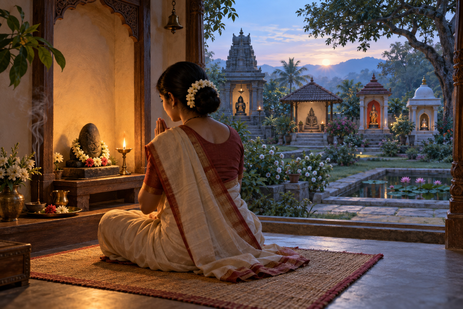A Hindu practitioner sits before a flower-garlanded stone and oil lamp while other devotional spaces remain visible across a garden courtyard.