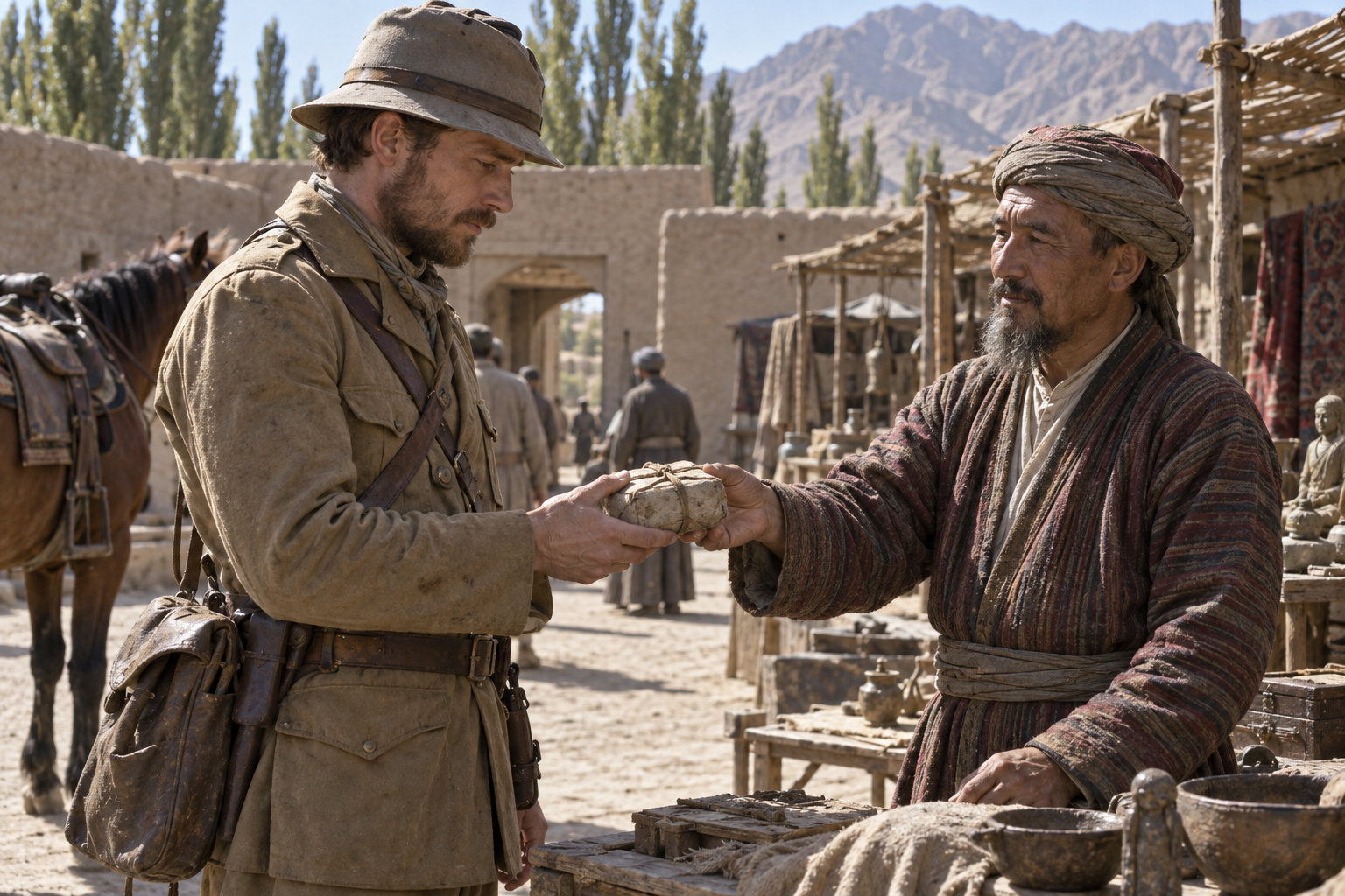 A nineteenth-century officer receives a small cloth-wrapped bundle from a local seller in a sunlit courtyard in Kucha, with market stalls and a saddled horse nearby.