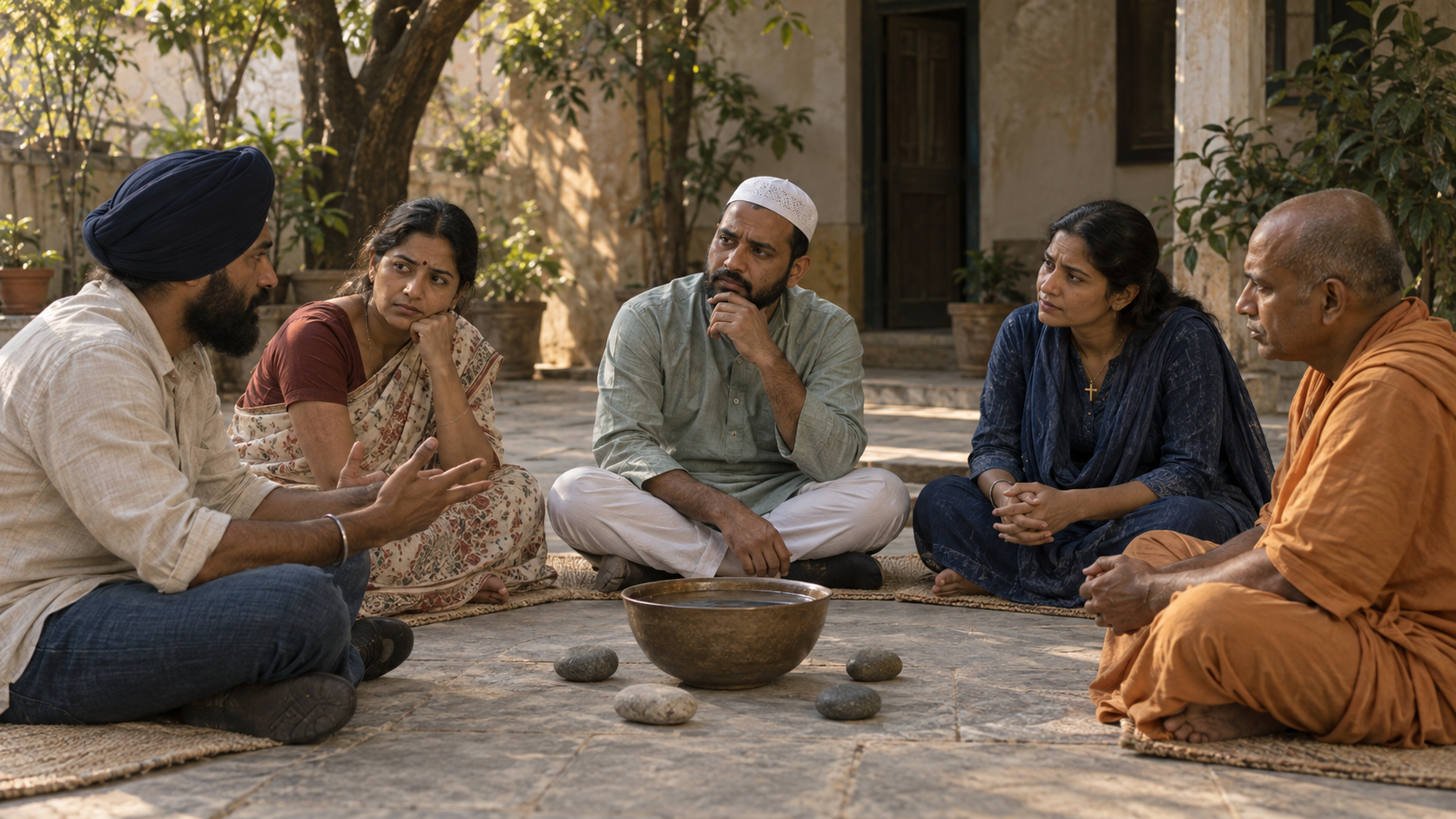 Five adults from different religious communities sit in a courtyard circle and listen seriously to one another during a discussion.