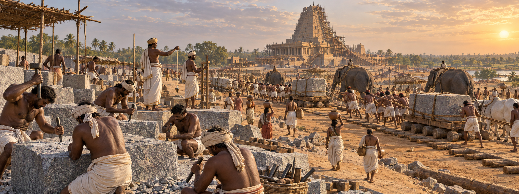 Stoneworkers, supervisors, oxen, and elephants coordinate the dressing and transport of granite toward the unfinished Brihadeeshwara Temple.