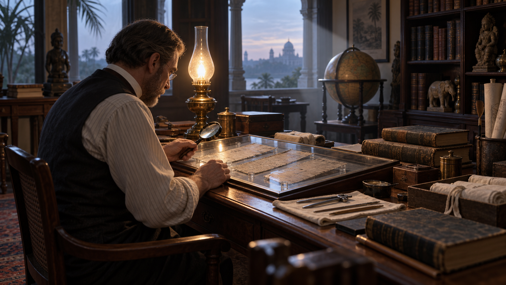 A late-nineteenth-century scholar studies birch-bark folios beneath glass at a lamp-lit desk equipped with a magnifying lens and archival tools.