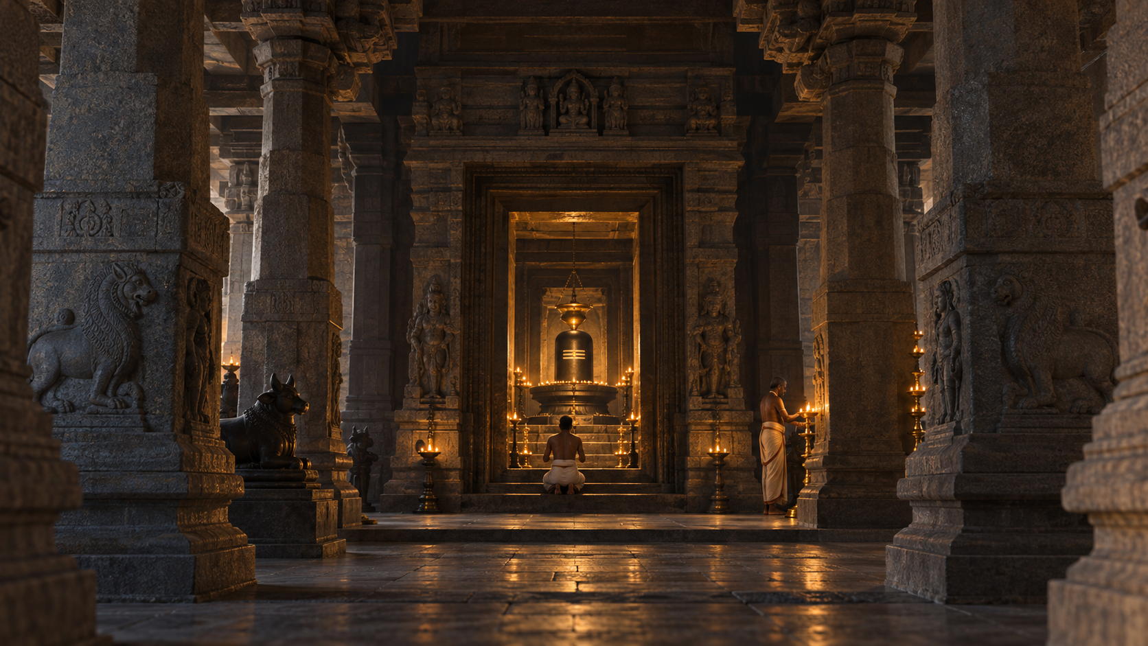 A worshipper and priest face a Shiva linga through a sequence of massive granite pillars and shadowed temple doorways lit by oil lamps.