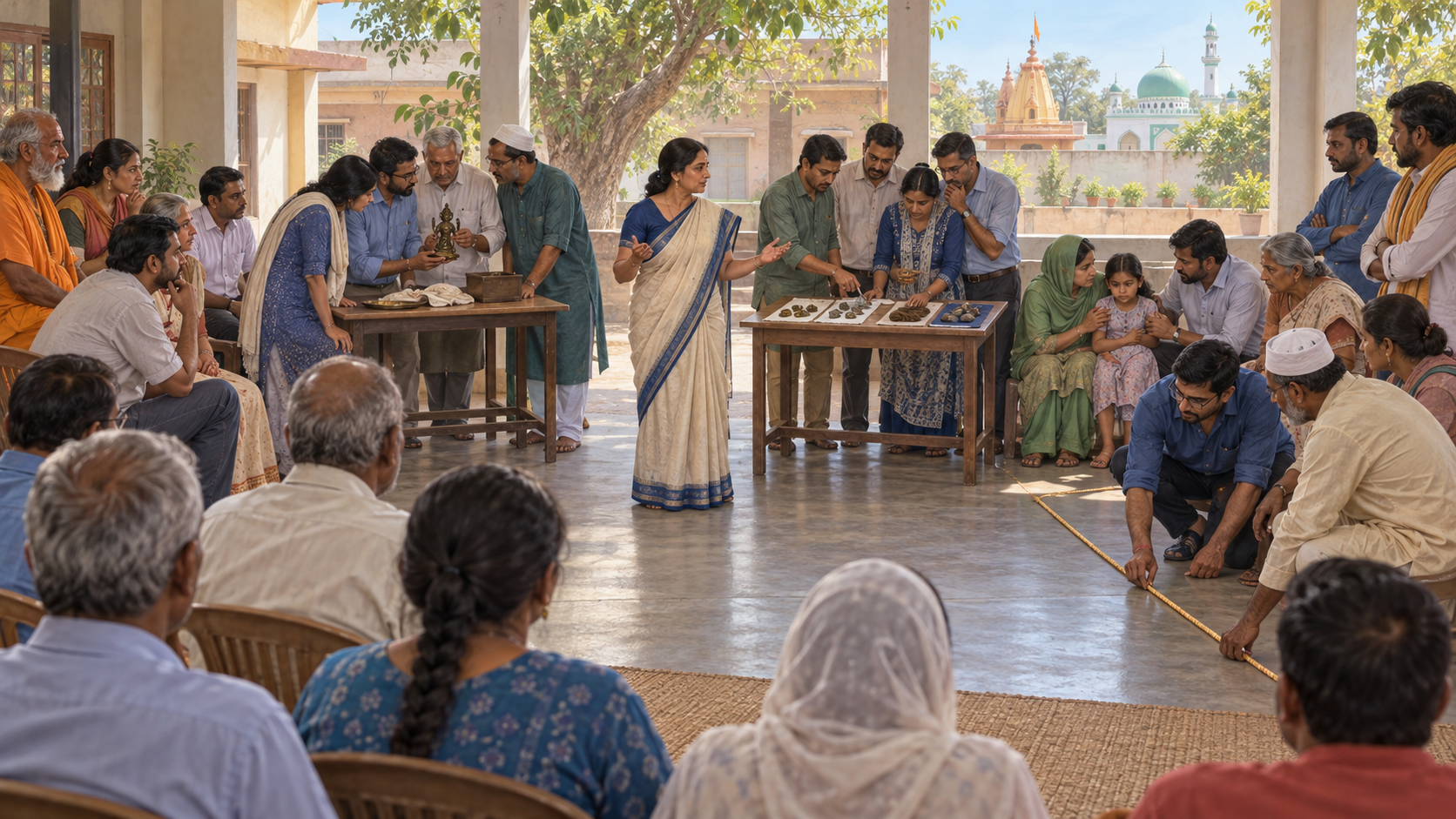 Community members examine a disputed object, listen to opposing views, consider possible harm, and discuss a practical boundary in a shared hall.