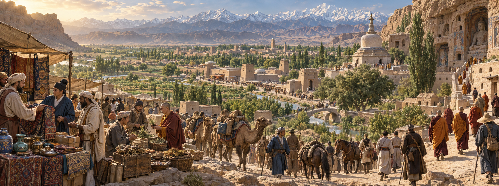 Caravans, merchants, and Buddhist monastics converge at the ancient Kucha oasis, surrounded by irrigation channels, mud-brick buildings, a stupa, caves, and distant mountains.