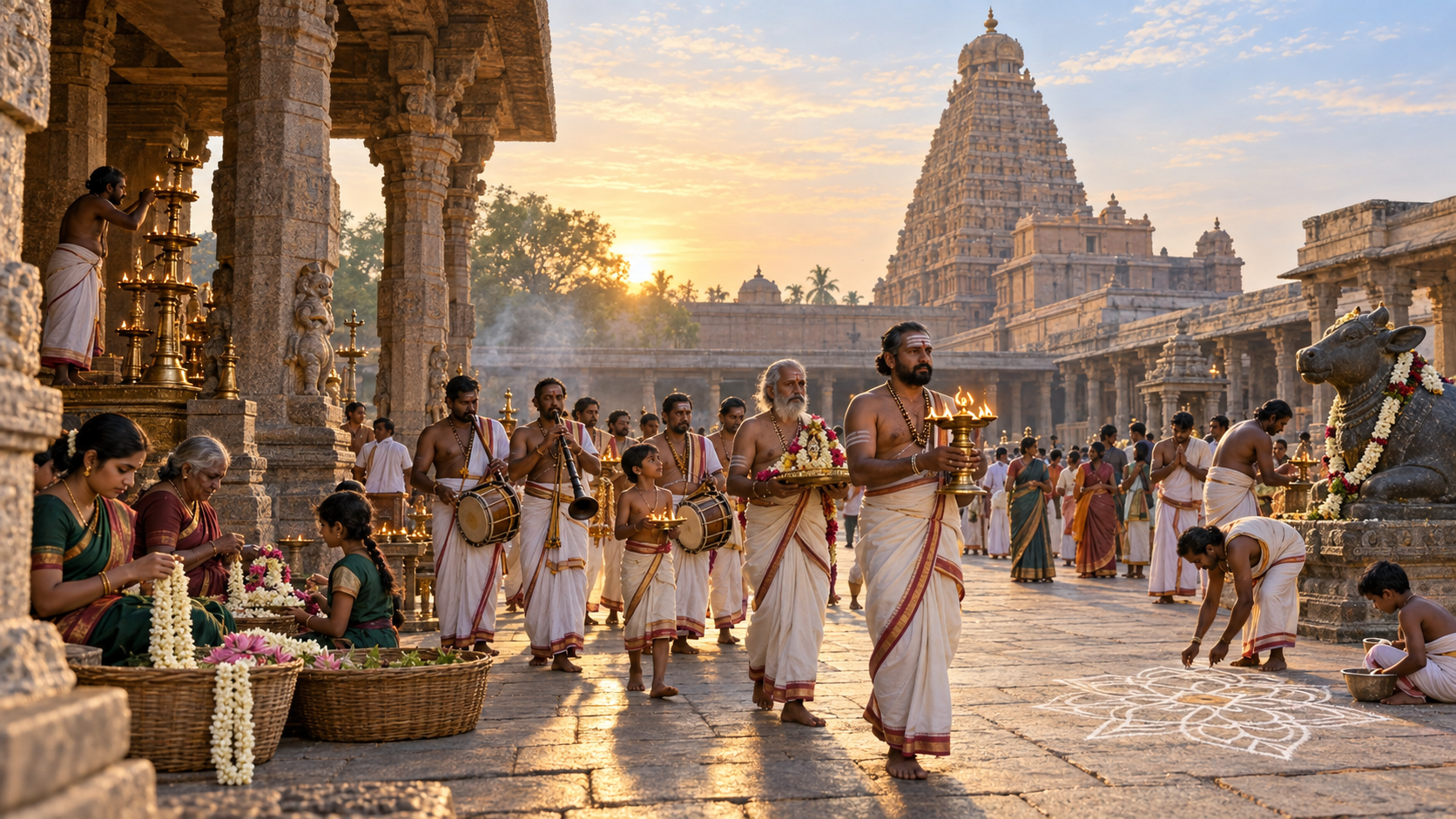 Priests, musicians, flower bearers, caretakers, and devotees take part in an organized morning ritual in the temple courtyard beneath the granite vimana.