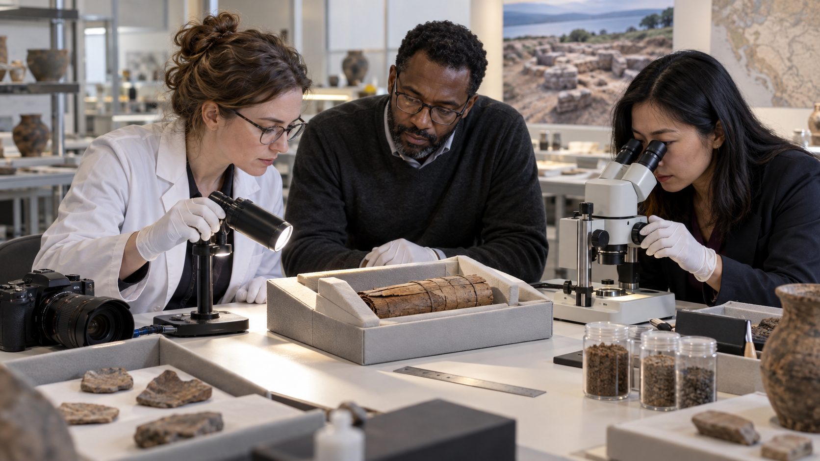 Conservators and historians examine a closed birch-bark manuscript bundle in a museum laboratory using a microscope, camera, measuring tools, and archaeological samples.