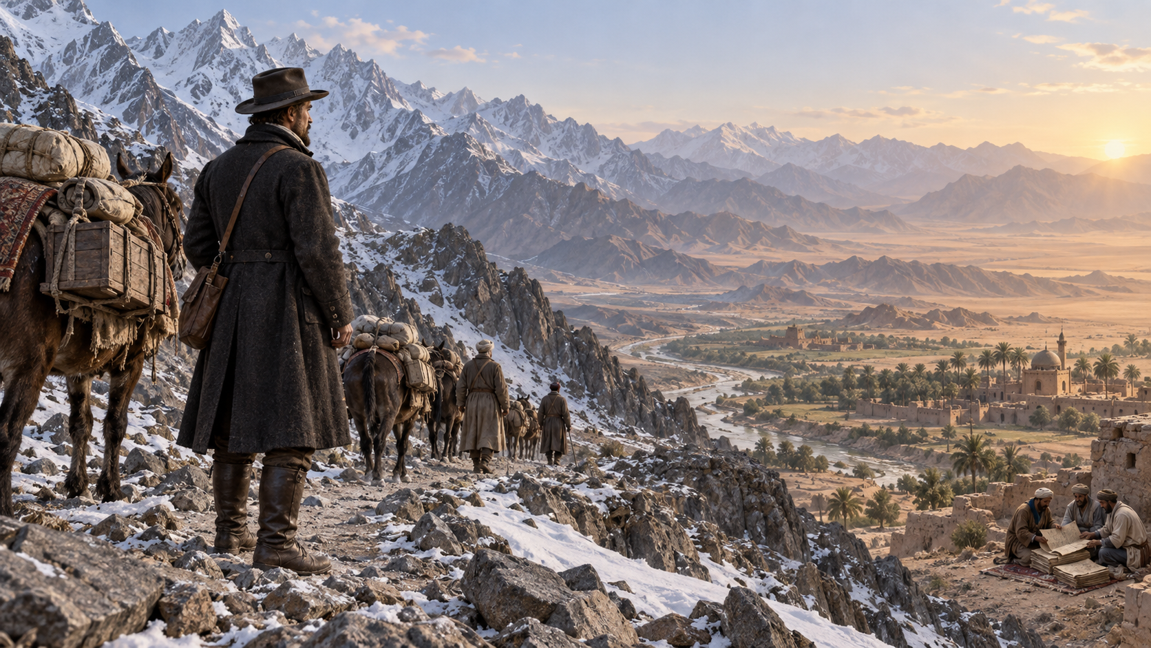 A Victorian-era merchant-explorer and laden caravan cross a high mountain route, with a distant Central Asian oasis and manuscript leaves visible beyond them.