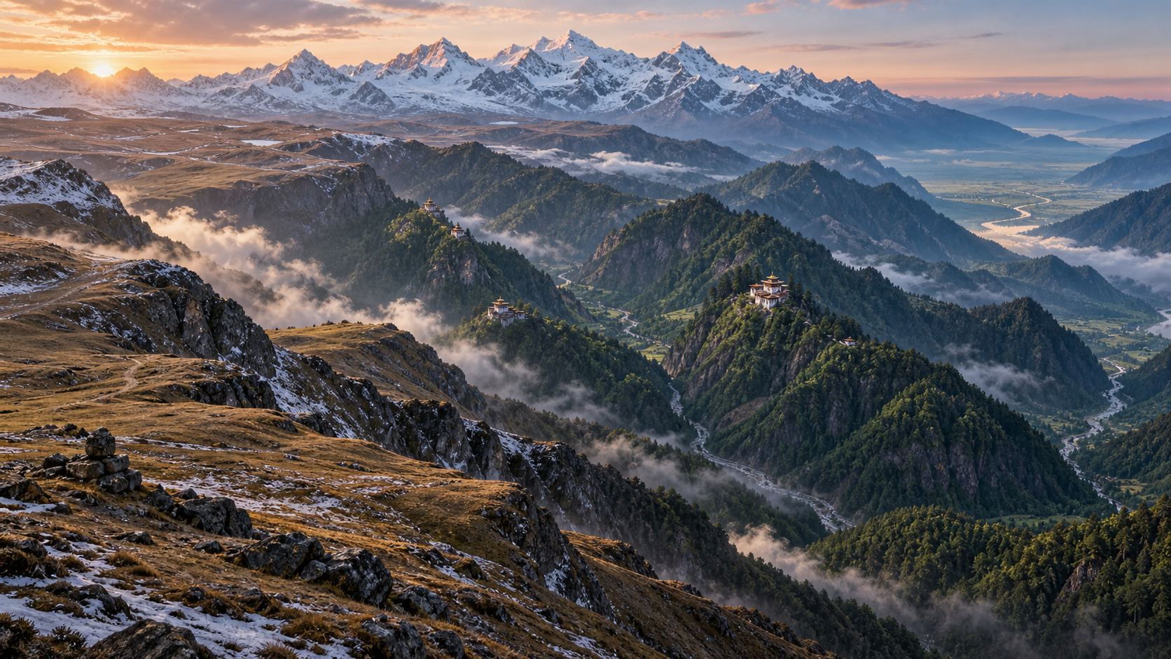 Editorial aerial view of Bhutan's Himalayan valleys between a western plateau, Tibetan highlands, and the distant plains of northeastern India.
