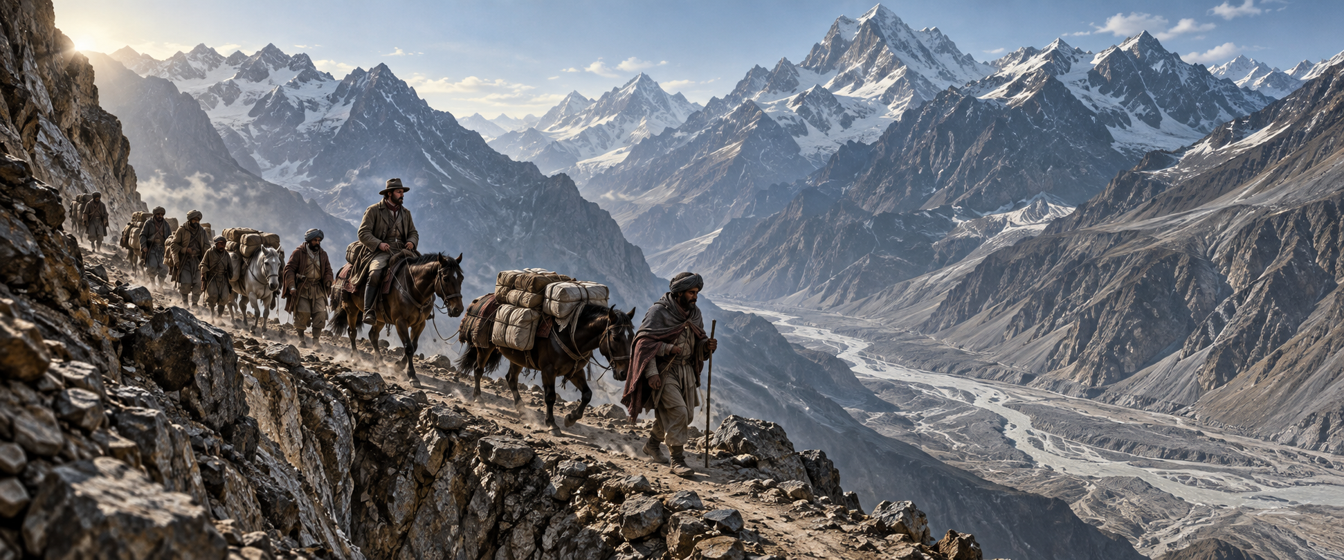 A nineteenth-century trade caravan with local guides and a British traveler follows a narrow route through the Karakoram mountains.
