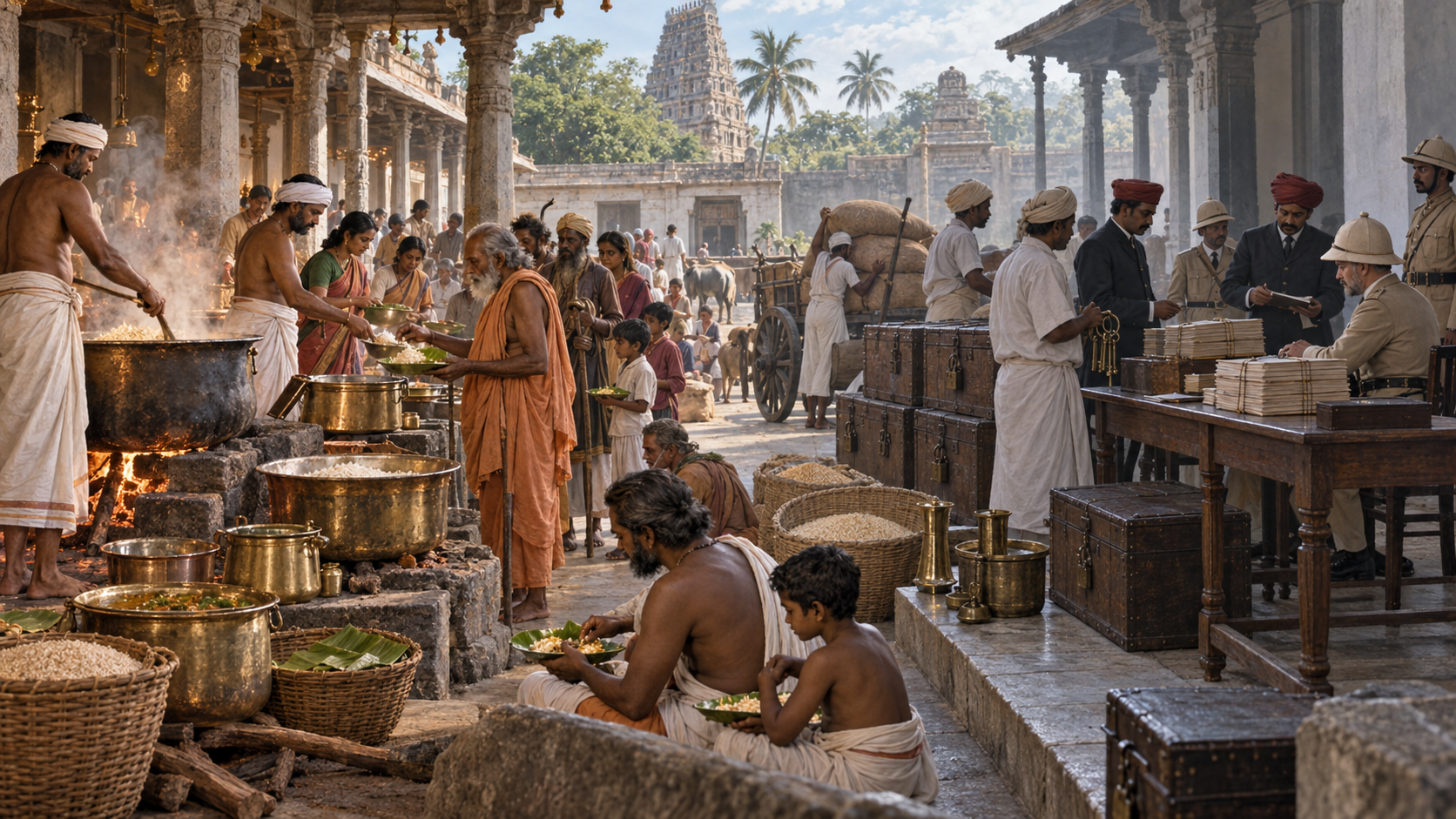 A late nineteenth-century Indian annadanam courtyard where cooks serve a communal meal while grain chests, keys, and account bundles are inventoried at a colonial administrative desk nearby.