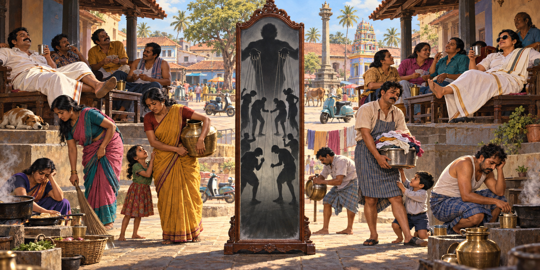 A mirrored South Indian town square shows men and women exchanging social roles while the same domineering behavior repeats on both sides.