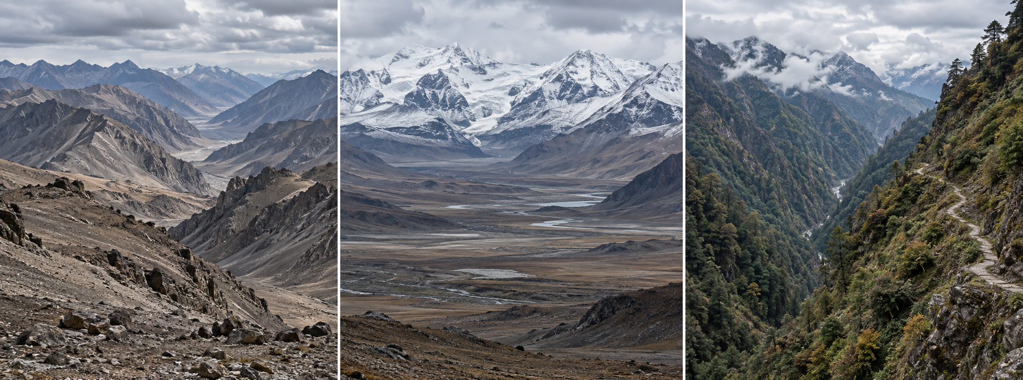 Three-panel illustration showing a western plateau, remote northern alpine valleys, and rugged eastern forest mountains.