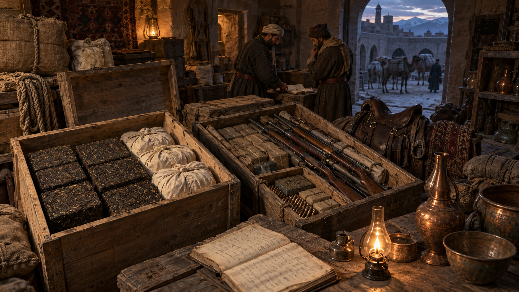 Tea bundles, period rifles, ammunition crates, saddles, and other caravan supplies are arranged inside a nineteenth-century caravanserai storeroom.