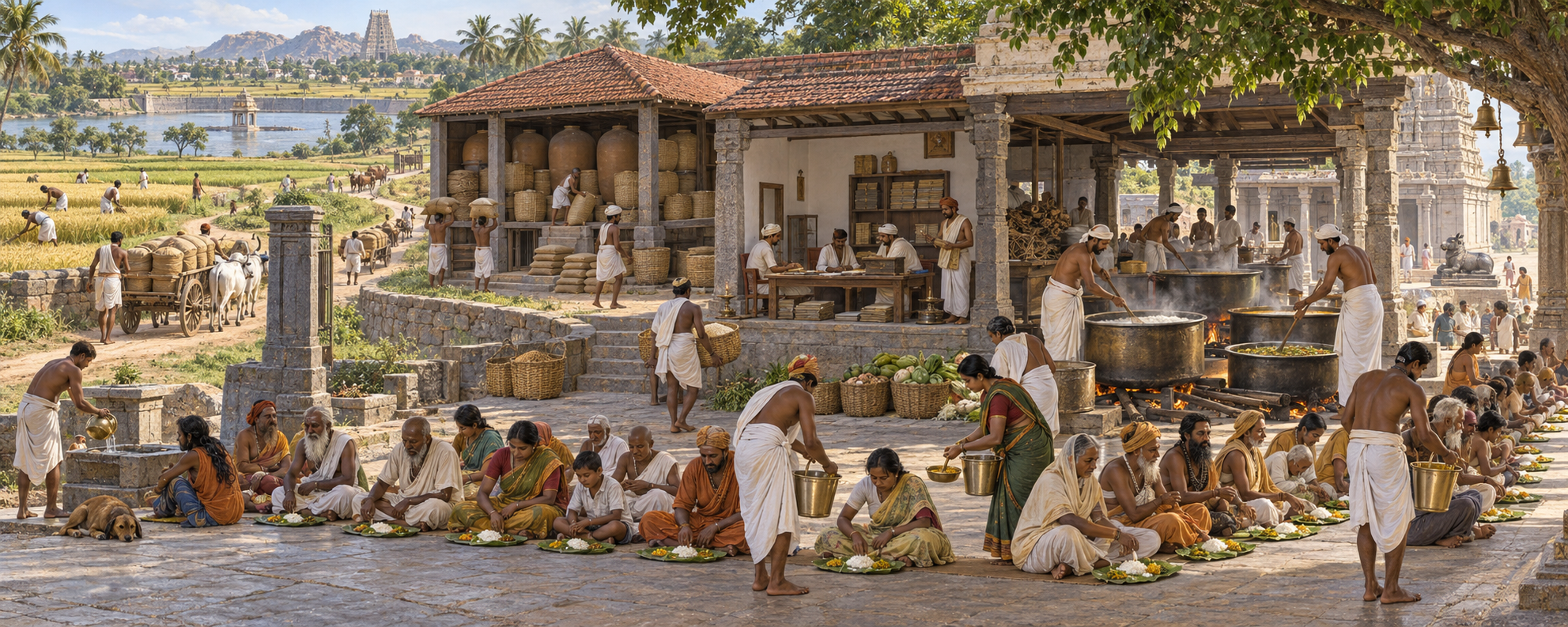 An illustrated institutional chain connects endowed fields, grain transport, a granary, local recordkeeping, a community kitchen, and rows of people receiving a meal.
