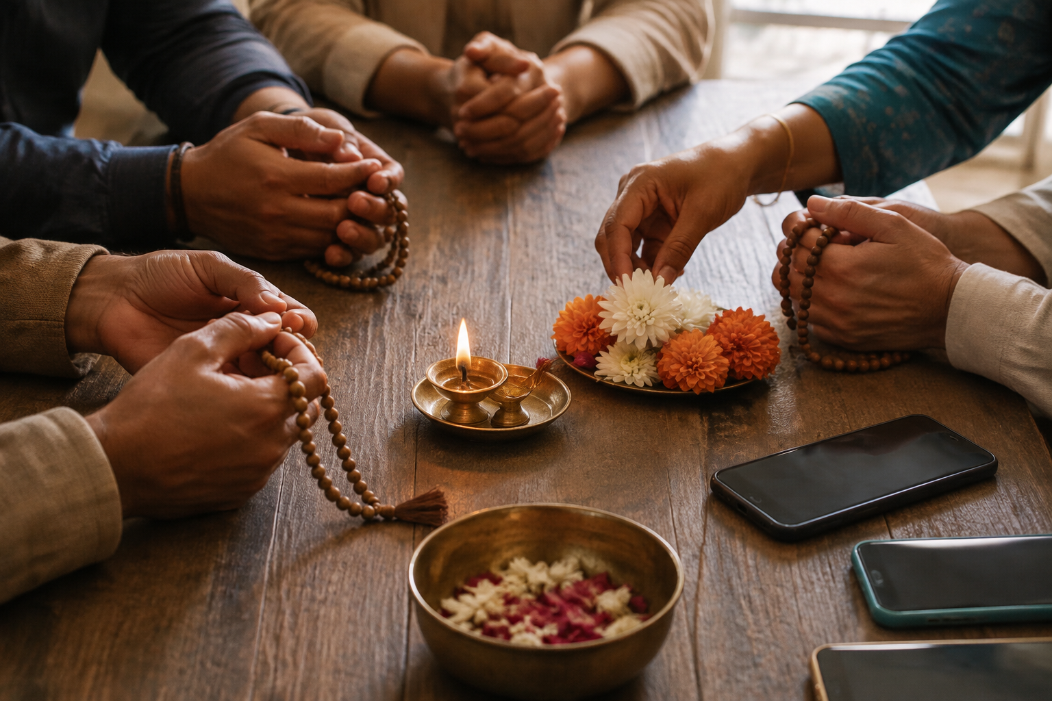 Several devotees' hands gather around prayer beads, fresh flowers, and a glowing oil lamp while mobile phones remain face down.