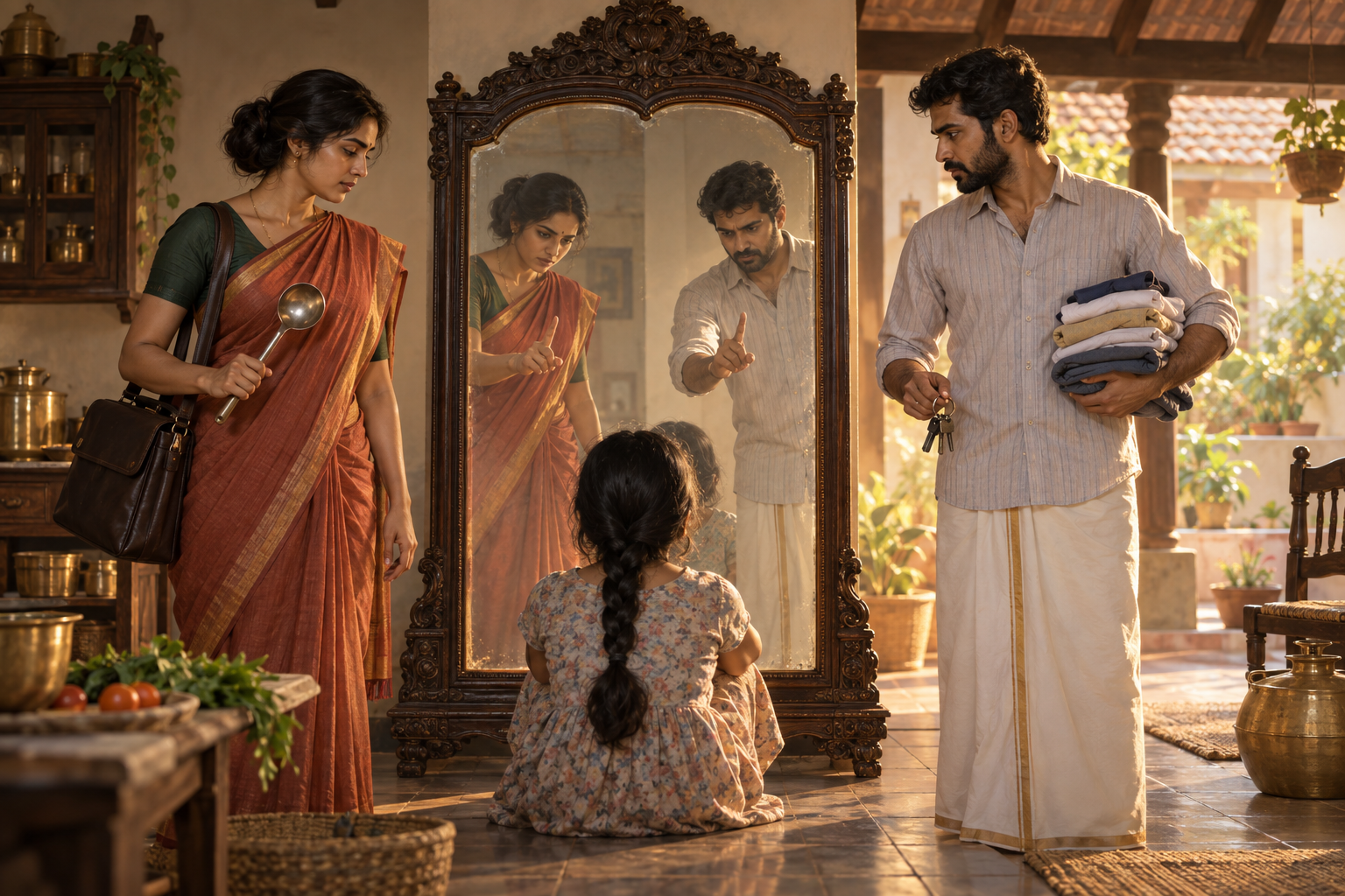 A man and woman with exchanged household and public roles face a mirror where both reflections repeat the same controlling gesture.