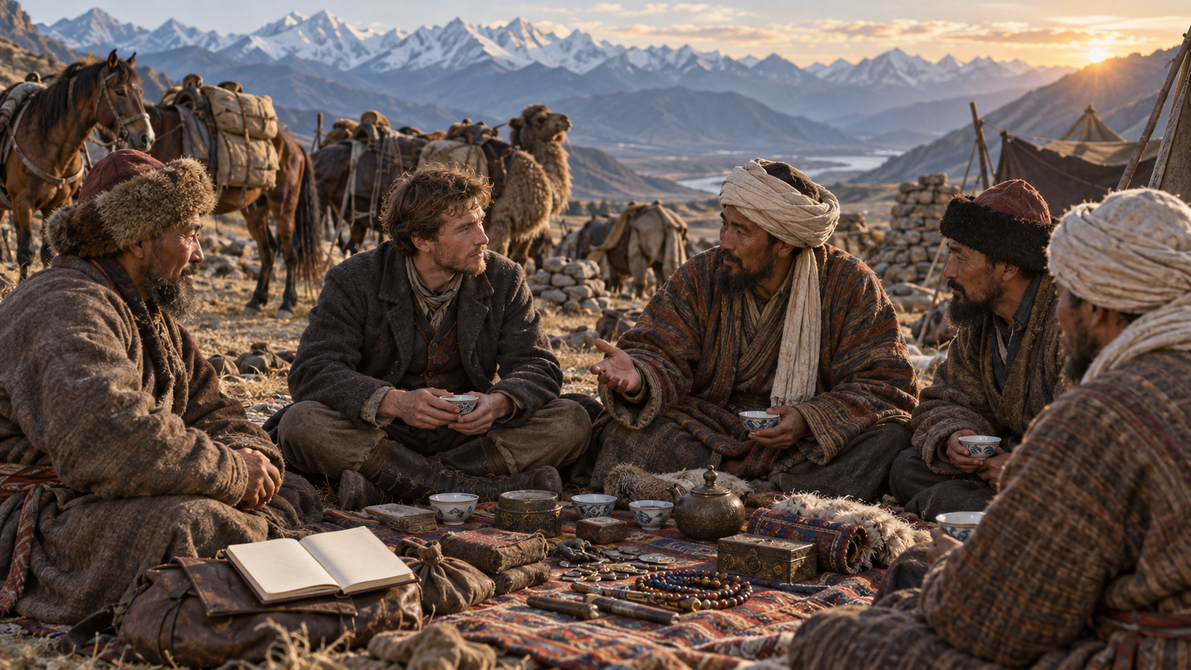 A young Scottish trader sits with Central Asian merchants and caravan guides at a mountain camp while pack animals rest nearby.