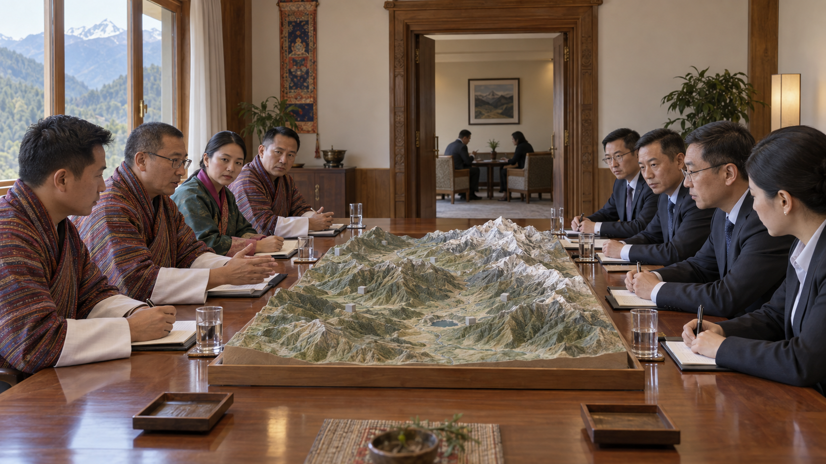 Fictional Bhutanese and Chinese delegations study an unlabeled Himalayan terrain model during a formal boundary meeting.