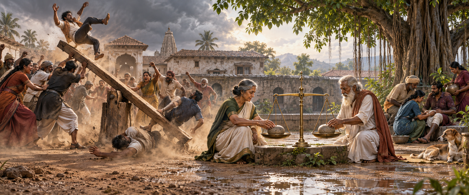 A crowd forces a seesaw from one extreme to another while two elders nearby balance a scale and others help injured people.