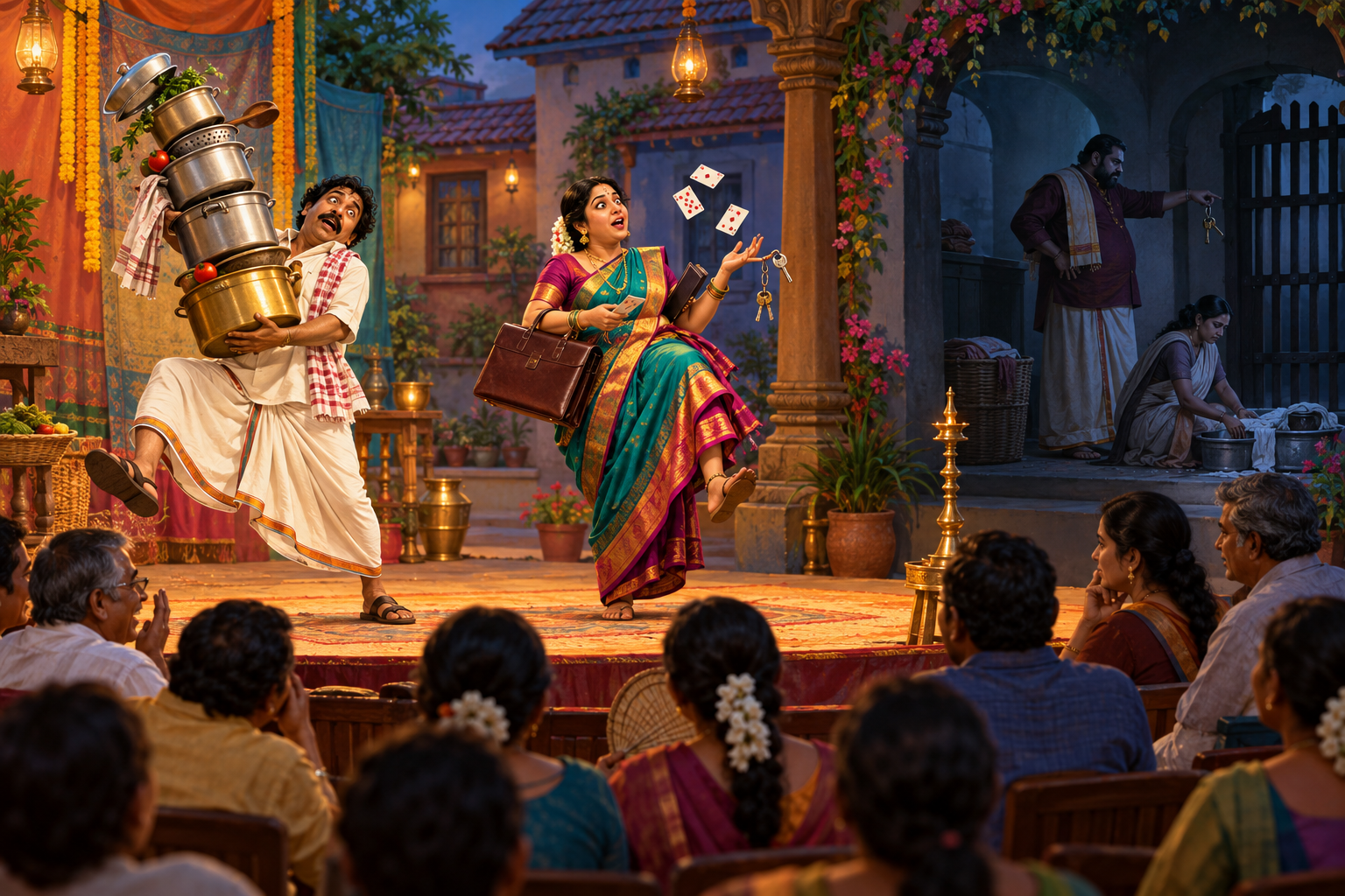 Adults perform exaggerated role-reversal slapstick on a courtyard stage while a shadowed background scene of exploitation is treated seriously.