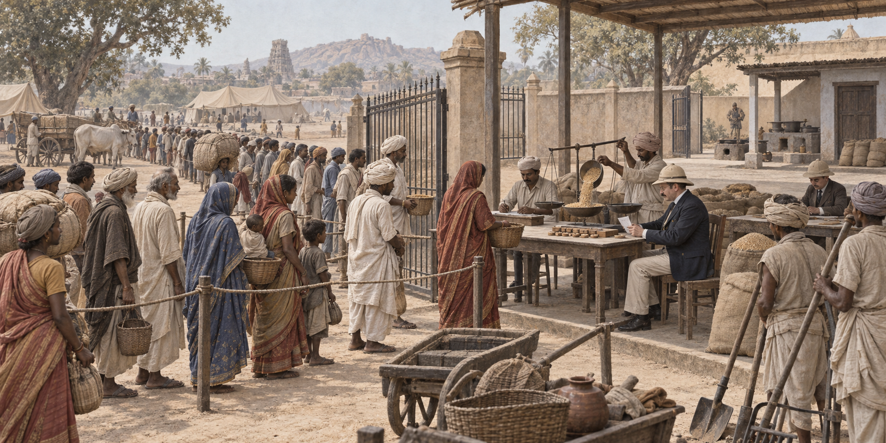Villagers wait at a late nineteenth-century relief station while clerks check forms and workers weigh standardized grain portions behind administrative tables.