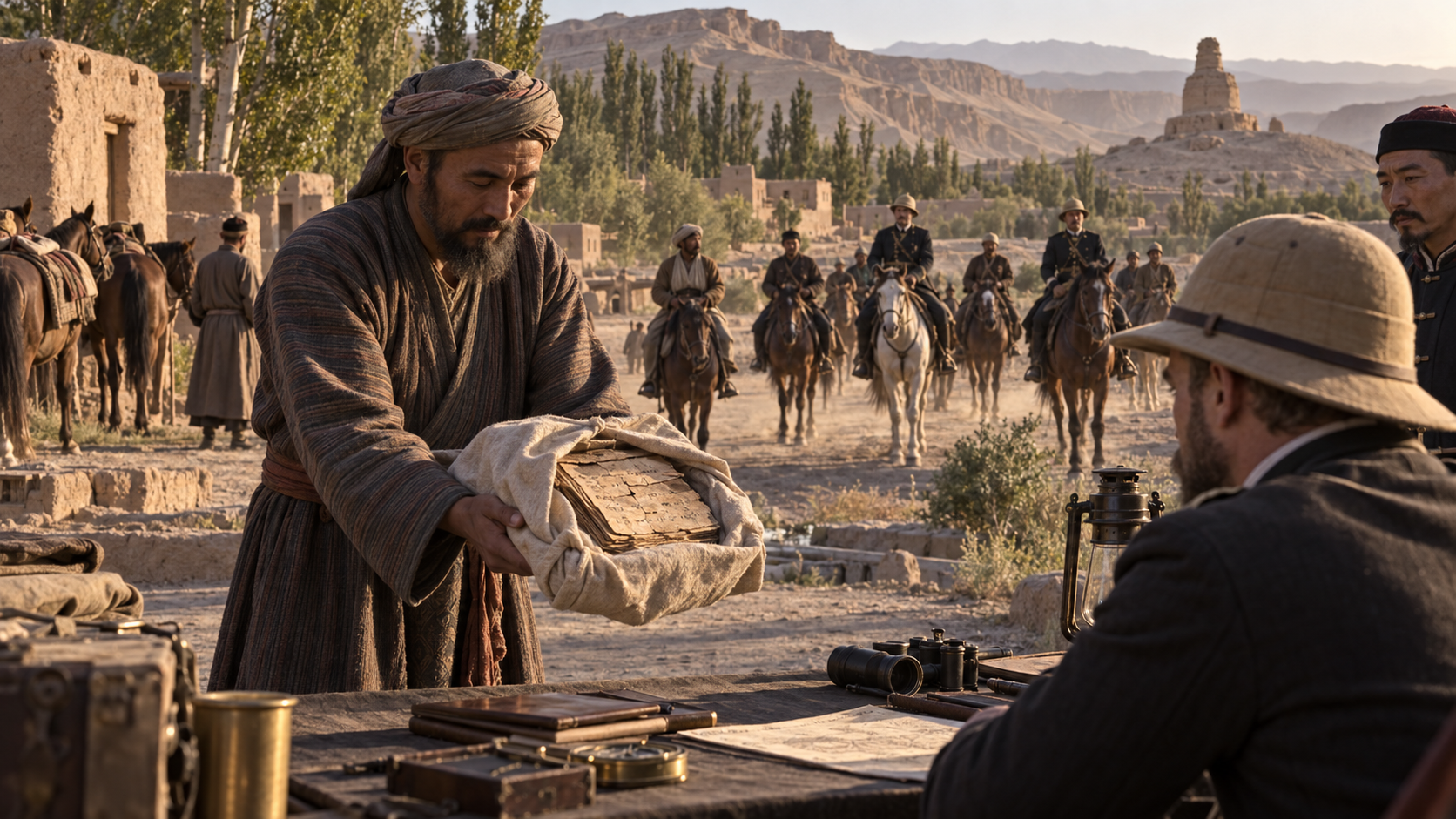 A mounted search party reaches a Central Asian oasis as a local resident carries a wrapped bundle of fragile manuscript leaves toward a camp table.