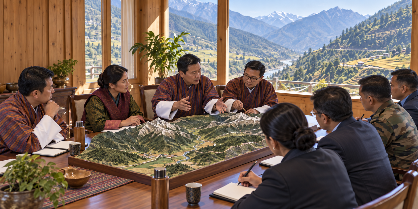 Fictional Bhutanese officials lead a terrain discussion with Indian civilian and military planners in a mountain meeting room.