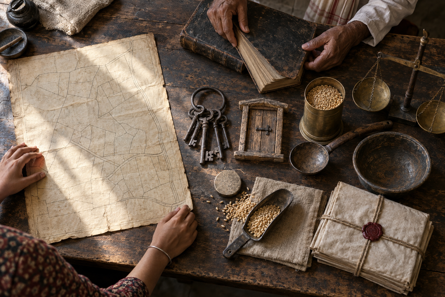 An overhead archival table holds a land survey, account book, keys, grain measures, a cooking ladle, and an unmarked relief token as two people examine the evidence.