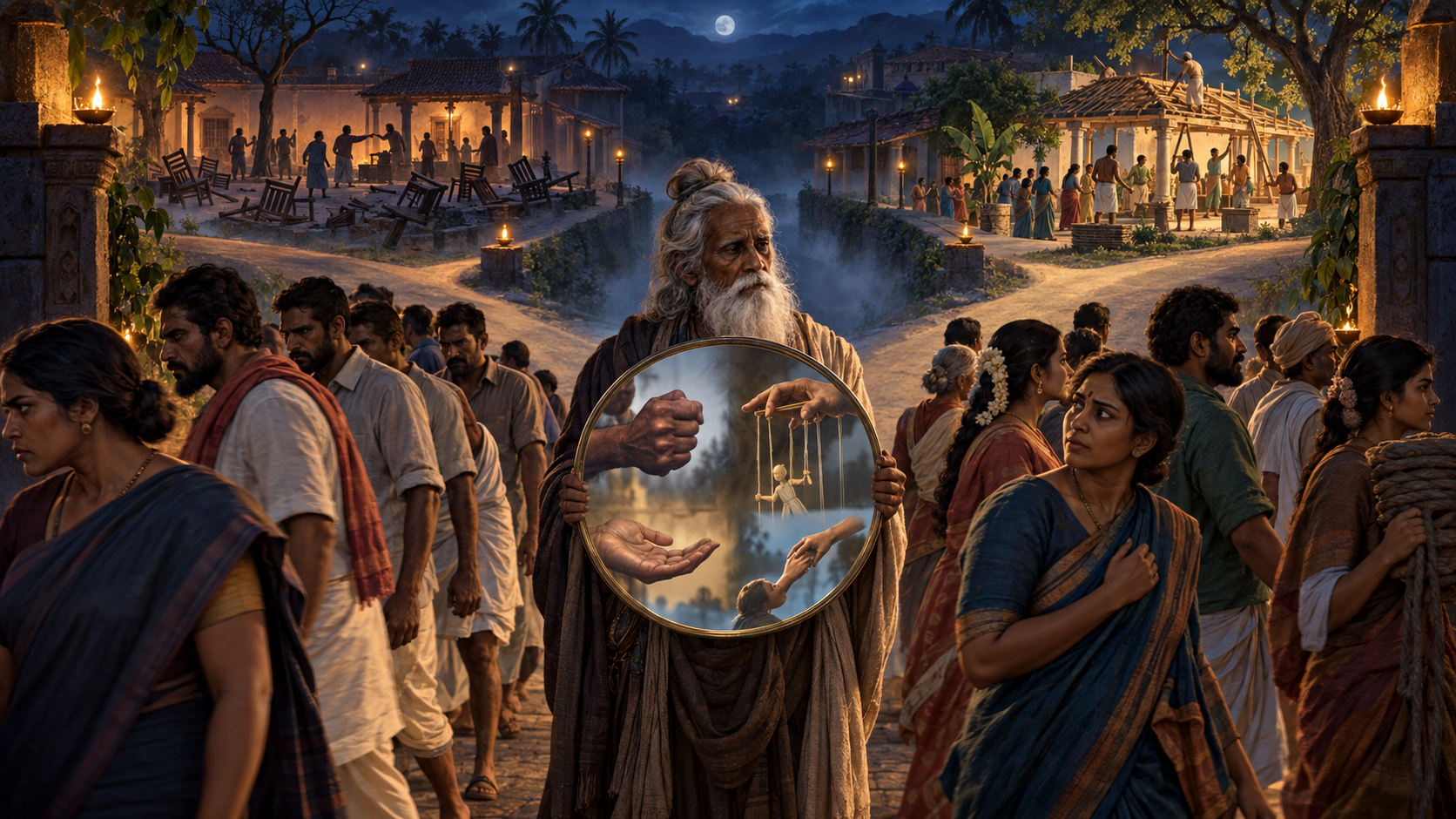 An elderly figure holds a mirror to a nighttime procession, revealing symbols of vengeance, control, responsibility, and repair as the road forks ahead.
