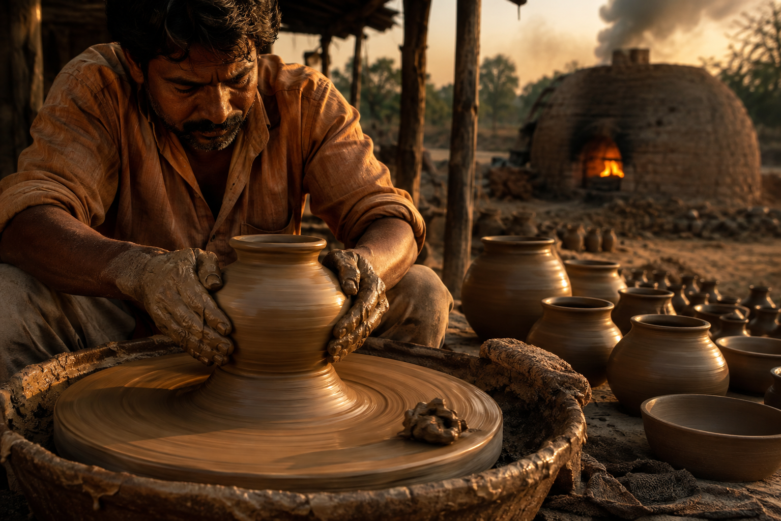 A potter shapes a clay vessel on a spinning wheel while other pots dry beside a glowing kiln.