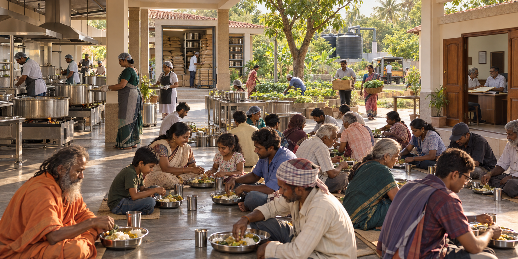 A contemporary Indian community kitchen connects grain storage, gardens, volunteers, trustees, cooks, washing areas, and a shaded hall where people share a meal.