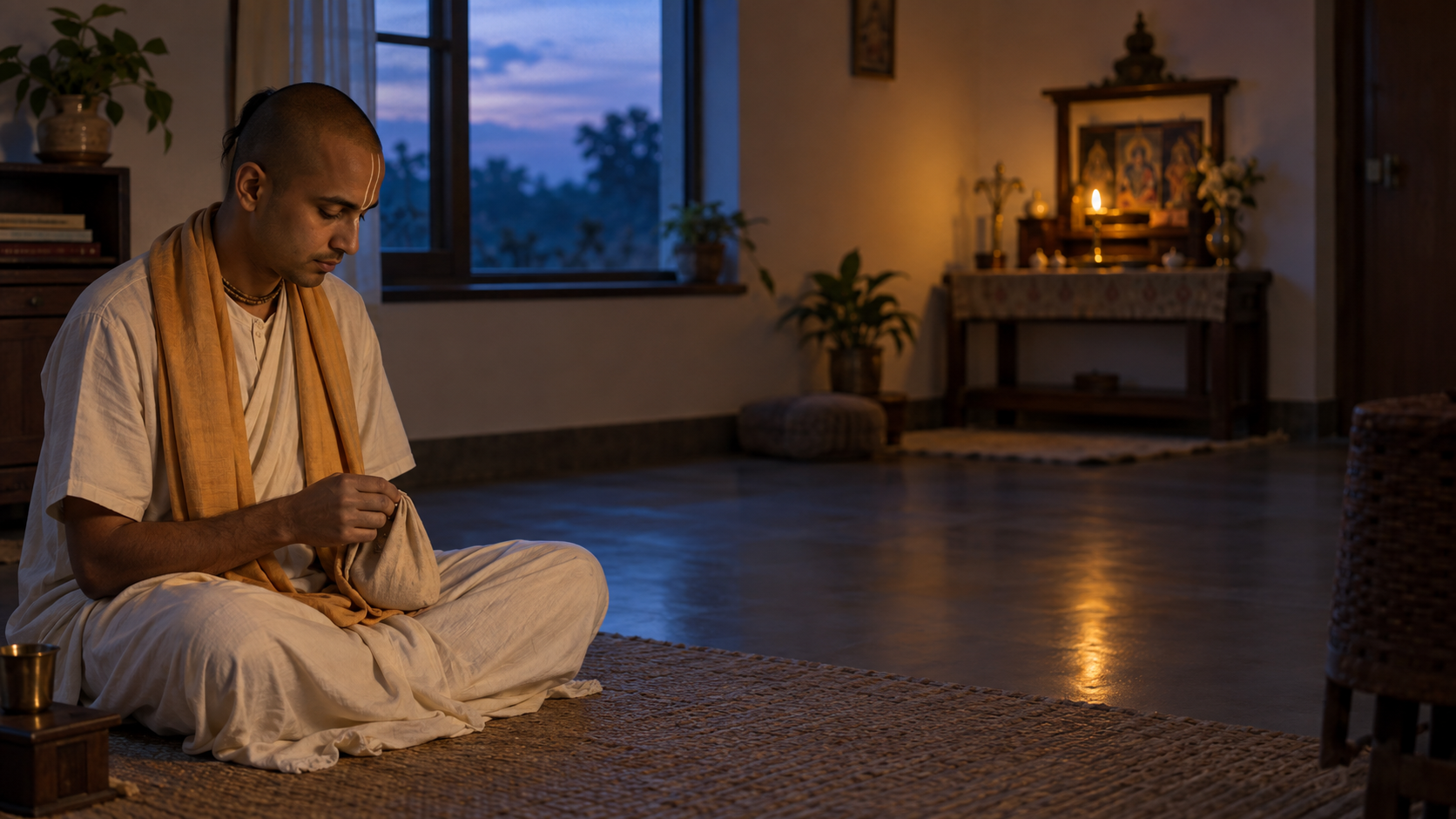 A seated practitioner chants softly on tulasi beads at dawn while an oil lamp glows on a small altar in the background.