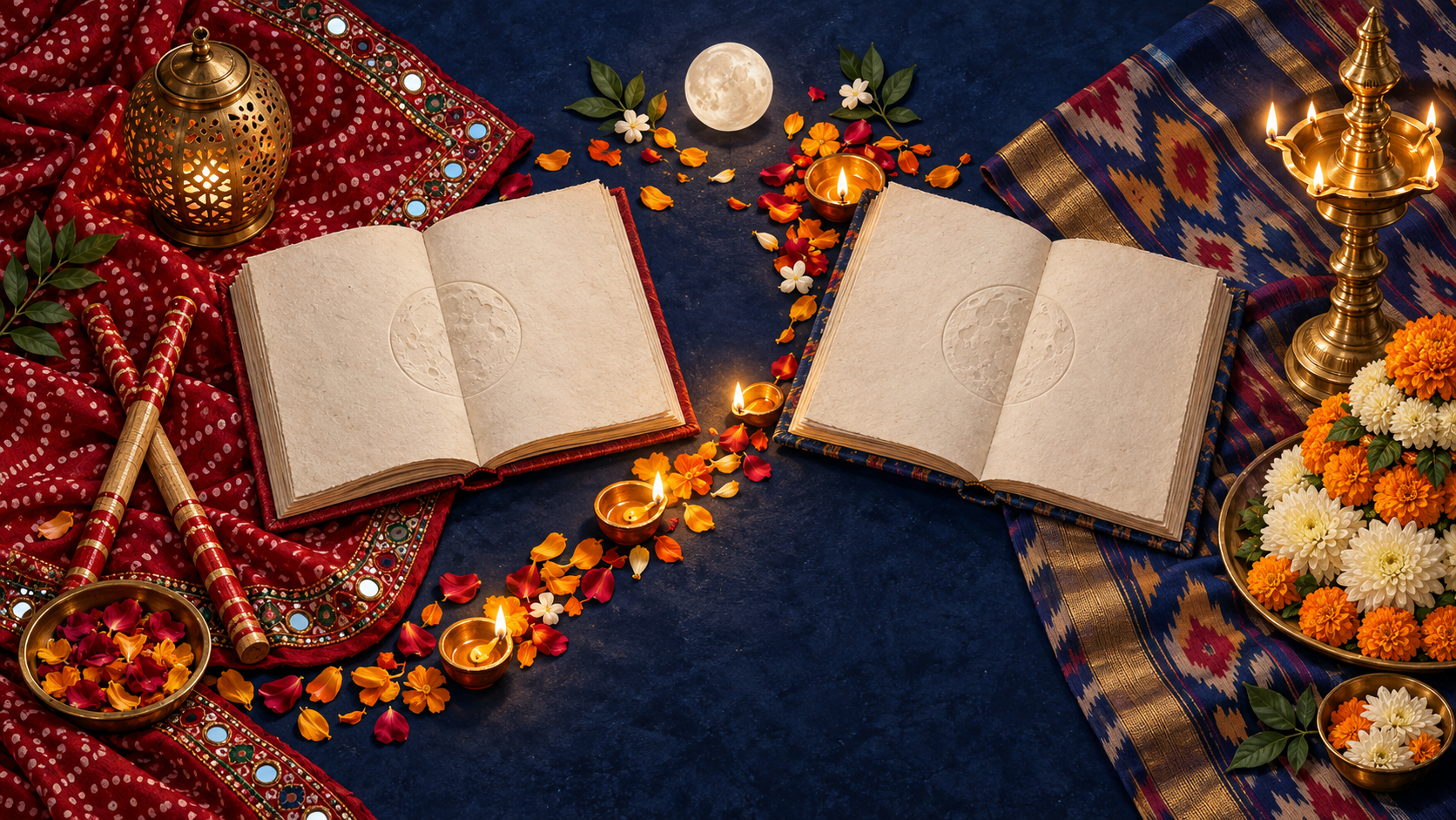 Two open unlettered almanacs share an indigo table with Gujarati bandhani, dandiya sticks and a garbo lantern on one side, and Telugu ikat, a brass lamp and tiered flowers on the other.