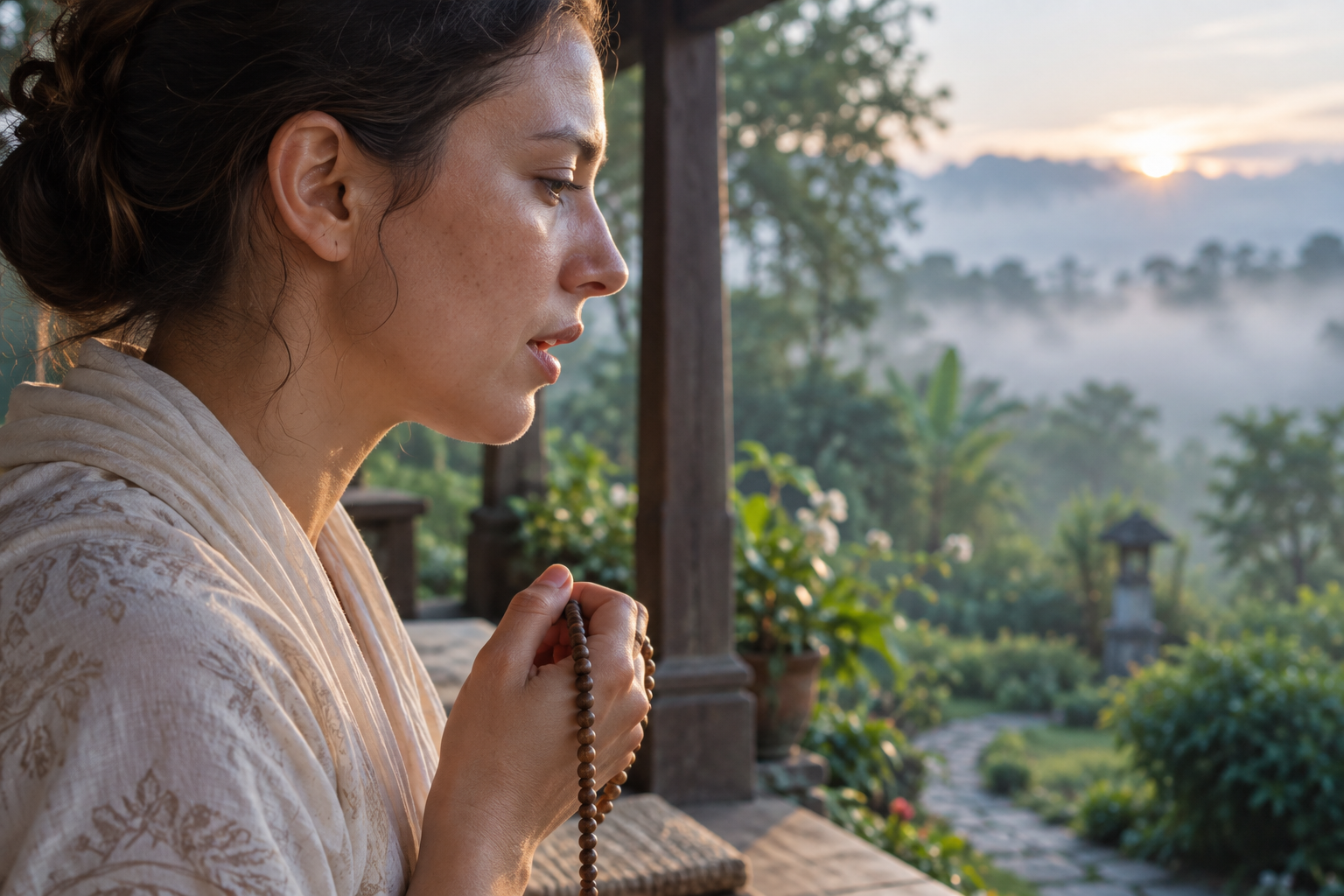 Side view of a devotee listening attentively while chanting with tulasi beads on a quiet veranda.