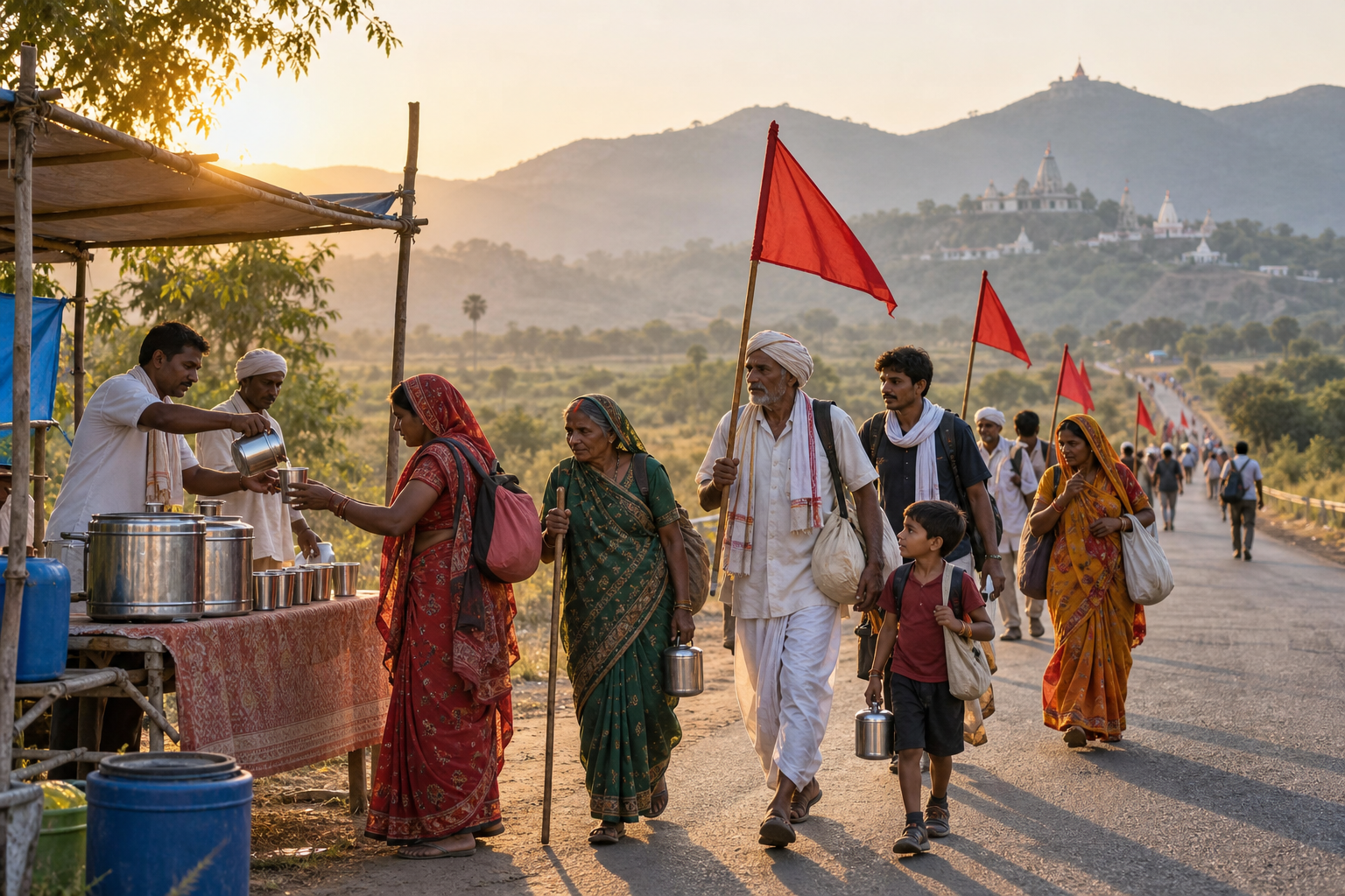 Families and older devotees walk toward Ambaji with plain devotional flags as volunteers offer water beside the pilgrimage route.