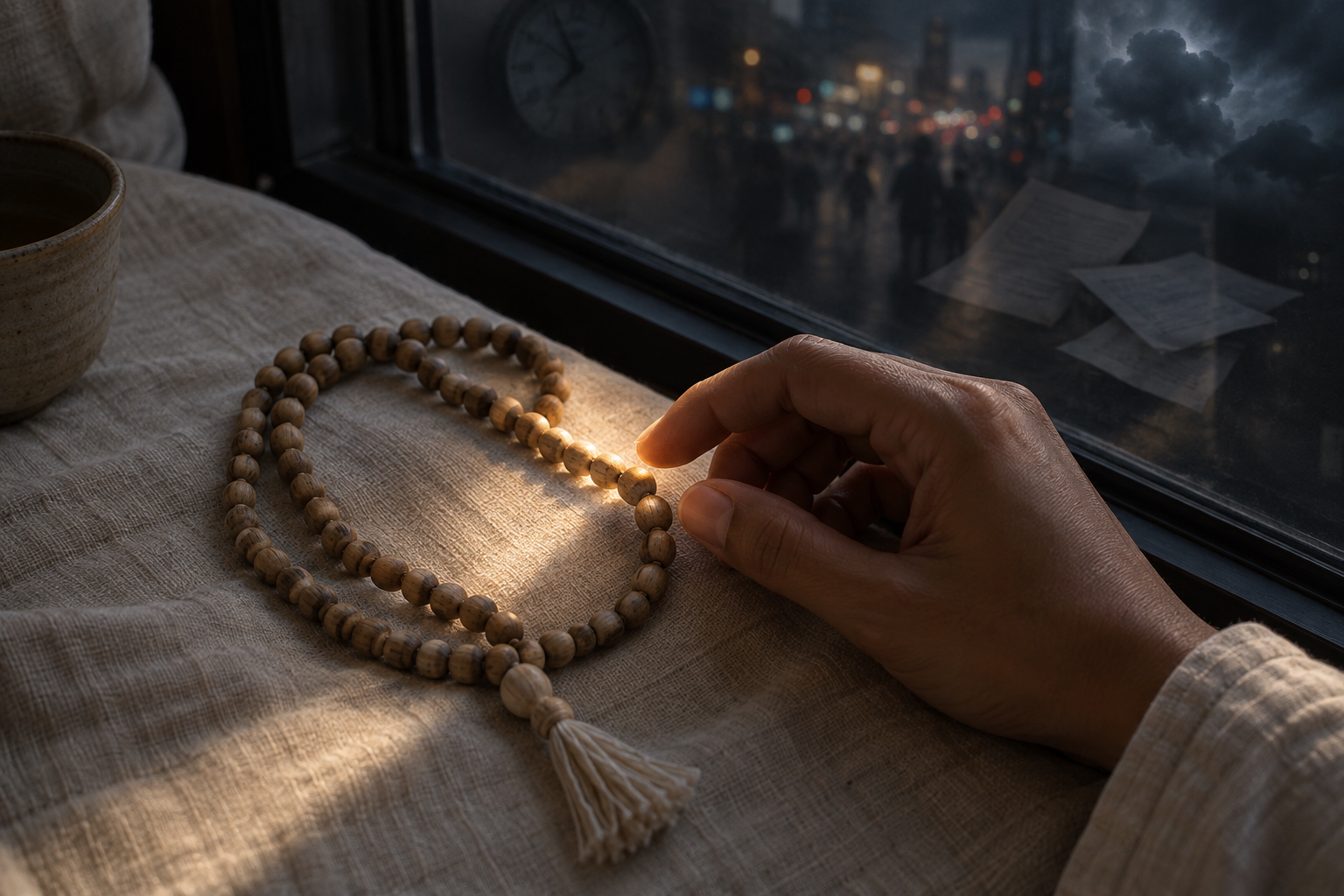 A hand returns to a strand of tulasi beads as faint, indistinct reflections surround the quiet chanting space.
